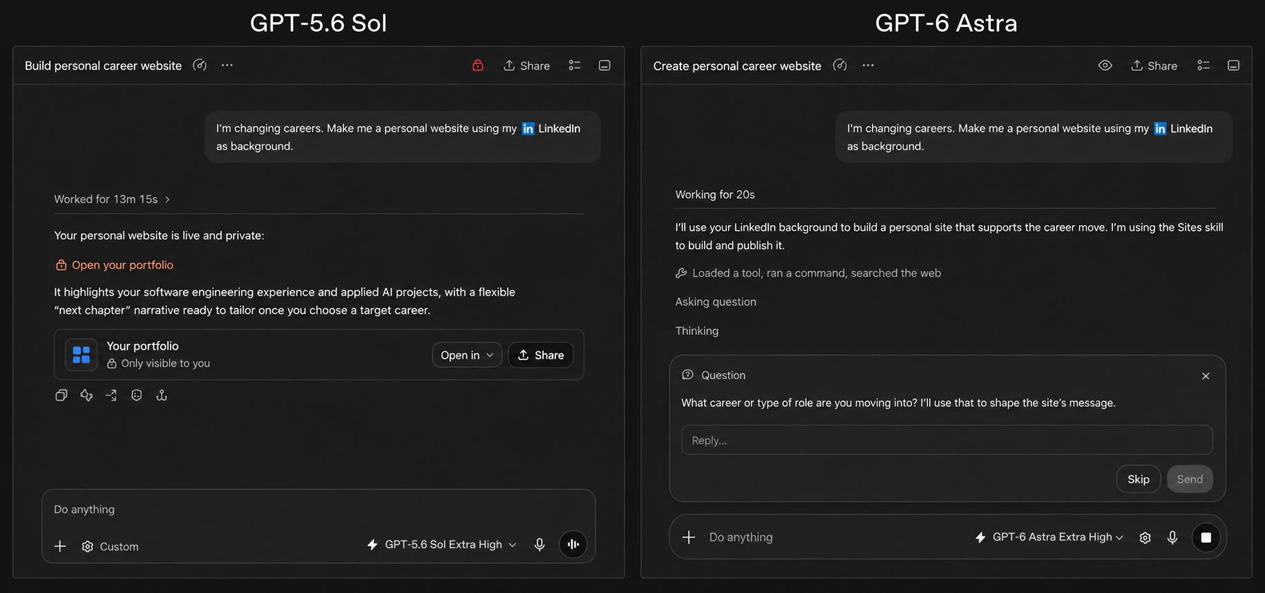 個人のキャリアサイト作成でGPT-5.6 SolとAstraを比較したOpenAI公式画面